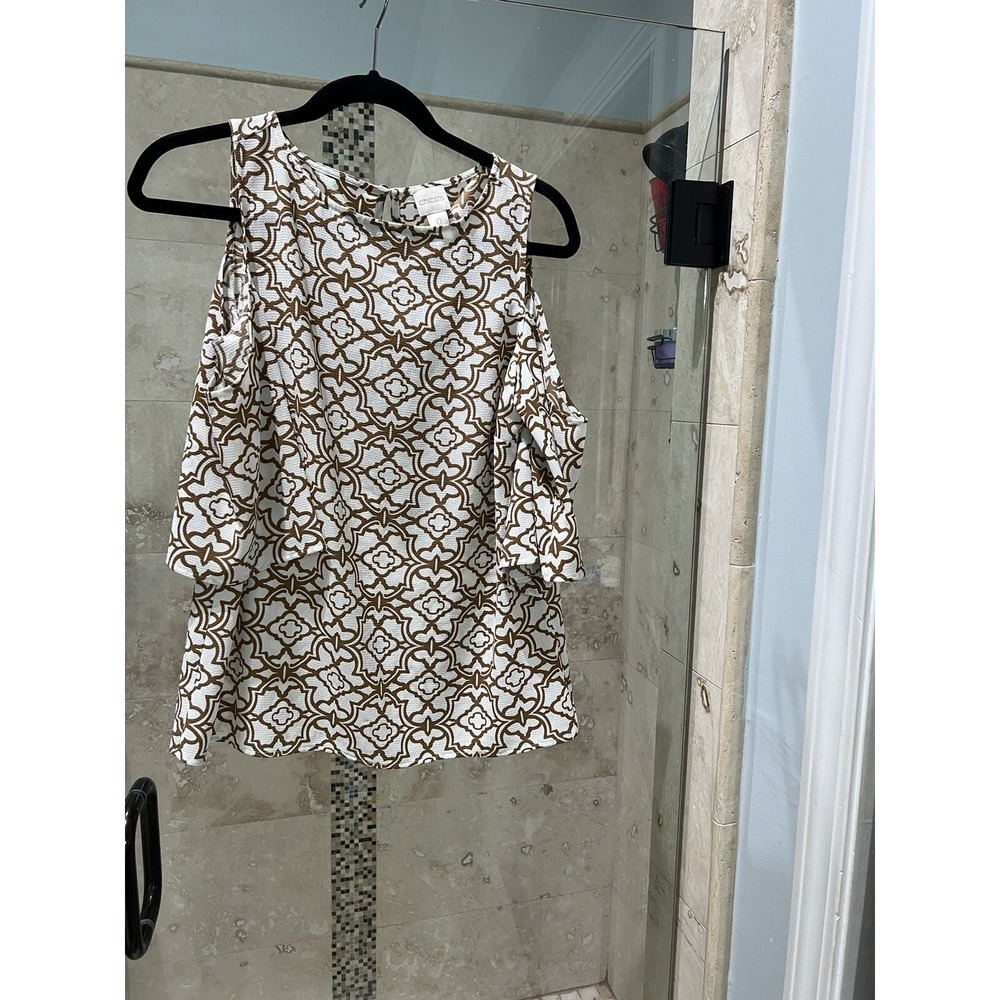 Chico's Modern Geometric Crepe Cold Shoulder Sleeve Top Brown White Size 0 S